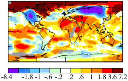 Global map of the December 2009 temperature anomaly (figures in deg C)